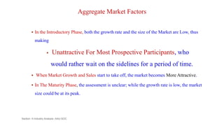 Aggregate Market Factors
 In the Introductory Phase, both the growth rate and the size of the Market are Low, thus
making
 Unattractive For Most Prospective Participants, who
would rather wait on the sidelines for a period of time.
 When Market Growth and Sales start to take off, the market becomes More Attractive.
 In The Maturity Phase, the assessment is unclear; while the growth rate is low, the market
size could be at its peak.
Section -II-Industry Analysis -AAU-SOC 99
 