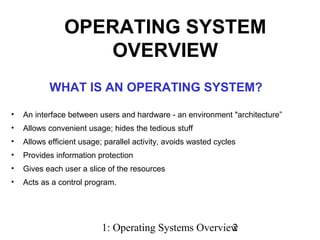 1: Operating Systems Overview2
WHAT IS AN OPERATING SYSTEM?
• An interface between users and hardware - an environment "architecture”
• Allows convenient usage; hides the tedious stuff
• Allows efficient usage; parallel activity, avoids wasted cycles
• Provides information protection
• Gives each user a slice of the resources
• Acts as a control program.
OPERATING SYSTEM
OVERVIEW
 