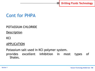 Haward Technology Middle East 189
Section 1
Drilling Fluids Technology
Cont for PHPA
POTASSIUM CHLORIDE
Description
KCl
AP...