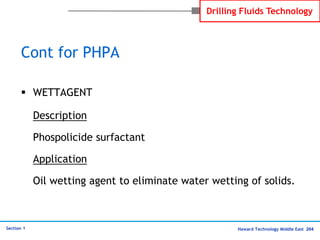 Haward Technology Middle East 204
Section 1
Drilling Fluids Technology
Cont for PHPA
 WETTAGENT
Description
Phospolicide ...