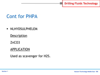 Haward Technology Middle East 195
Section 1
Drilling Fluids Technology
Cont for PHPA
 NLHYDSULPHELEM
Description
ZnCO3
AP...