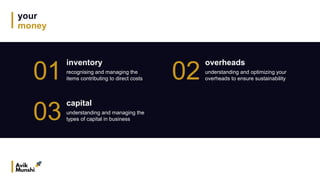 your
money
01
inventory
recognising and managing the
items contributing to direct costs
03
capital
understanding and managing the
types of capital in business
02
overheads
understanding and optimizing your
overheads to ensure sustainability
 