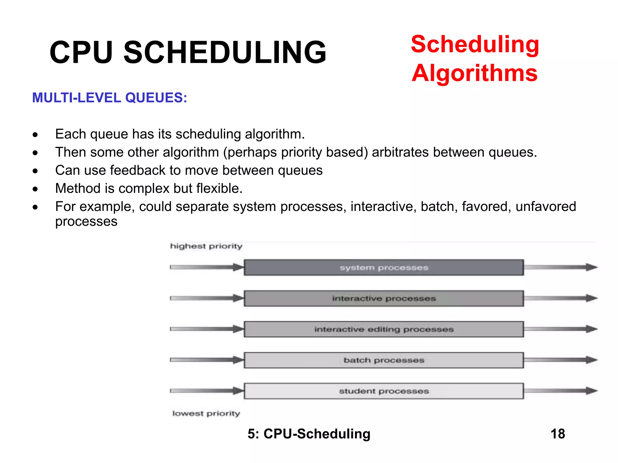 5: CPU-Scheduling 18
MULTI-LEVEL QUEUES:
 Each queue has its scheduling algorithm.
 Then some other algorithm (perhaps priority based) arbitrates between queues.
 Can use feedback to move between queues
 Method is complex but flexible.
 For example, could separate system processes, interactive, batch, favored, unfavored
processes
CPU SCHEDULING Scheduling
Algorithms
 