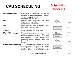 5: CPU-Scheduling 4
CPU SCHEDULING Scheduling
Concepts
Multiprogramming A number of programs can be in
memory at the same ...