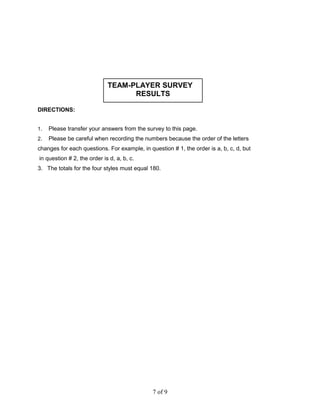 DIRECTIONS:
1. Please transfer your answers from the survey to this page.
2. Please be careful when recording the numbers because the order of the letters
changes for each questions. For example, in question # 1, the order is a, b, c, d, but
in question # 2, the order is d, a, b, c.
3. The totals for the four styles must equal 180.
7 of 9
TEAM-PLAYER SURVEY
RESULTS
 