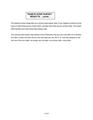 The highest number designates your primary team-player style. If your highest numbers are the
same or within three points of each other, consider them both as your primary style. The lowest
total indicates your least active team-player style.
Your primary team-player style defines a set of behaviors that you use most often as a member
of a team. it does not mean that it is the only style you use. All of us have the capacity to use
any one of the four styles. we simply use one style- our primary style –most often.
9 of 9
TEAM-PLAYER SURVEY
RESULTS….contd…
 