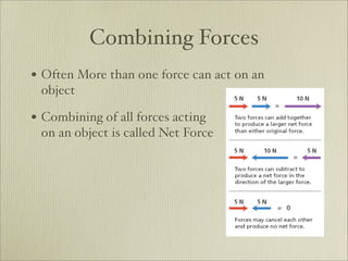 Combining Forces
• Often More than one force can act on an
 object

• Combining of all forces acting
 on an object is called Net Force
 
