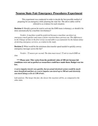 Neuron State Fair Emergency Procedures Experiment

         This experiment was conducted in order to decide the best possible method of
    preparing for an emergency while planning the state fair. The above tables will be
                       referred to as evidence for each situation.

Decision 1: Should a person be used to activate the EMS team (voluntary), or should it be
done automatically by a machine (involuntary)?

        Verdict: A machine would be preferred because a machine can detect an
emergency much quicker and cause a faster reaction than a person can. The differences
in the Change of time in the first versus second table is accounted for by the human delay
of alerting emergency services, as evident in the study.

Decision 2: What would be the minimum data transfer speed needed to quickly convey
emergency messages across the fair?

       Verdict: .72 meters per second. The data must travel .72 m/s to reach EMS on
time

   *** Please note: This varies from the predicted value of 100 m/s because lab
conditions were not as perfect as researchers could have made them. Budget was too
low.

A nerve impulse travels very quickly, but an actual electrical system would be much
more beneficial and fast, as a nerve impulse can travel up to 100 m/s and electricity
can travel along a wire at 3.00 e8 m/s.

Lab analysis: The larger the fair, the slower the reaction will be, as compared to the
other data.
 