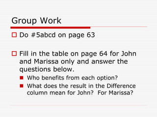 Group Work
 Do #5abcd on page 63
 Fill in the table on page 64 for John
and Marissa only and answer the
questions below.
 Who benefits from each option?
 What does the result in the Difference
column mean for John? For Marissa?
 