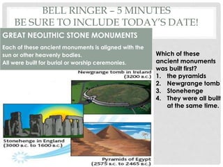 BELL RINGER – 5 MINUTES
BE SURE TO INCLUDE TODAY’S DATE!
GREAT NEOLITHIC STONE MONUMENTS
Each of these ancient monuments is aligned with the
sun or other heavenly bodies.
All were built for burial or worship ceremonies.
Which of these
ancient monuments
was built first?
1. the pyramids
2. Newgrange tomb
3. Stonehenge
4. They were all built
at the same time.
 