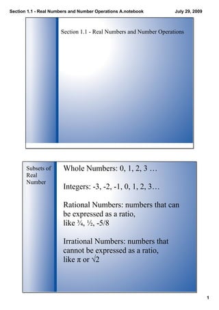 Section 1.1 ­ Real Numbers and Number Operations A.notebook       July 29, 2009



                      Section 1.1 ­ Real Numbers and Number Operations




       Subsets of      Whole Numbers: 0, 1, 2, 3 …
       Real 
       Number
                       Integers: ­3, ­2, ­1, 0, 1, 2, 3…

                       Rational Numbers: numbers that can 
                       be expressed as a ratio, 
                       like ¾, ½, ­5/8

                       Irrational Numbers: numbers that 
                       cannot be expressed as a ratio, 
                       like π or √2



                                                                                  1
 