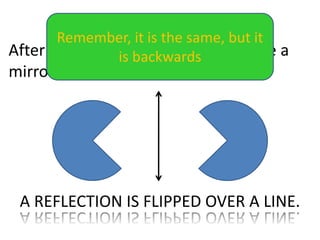 REFLECTION
A REFLECTION IS FLIPPED OVER A LINE.
After a shape is reflected, it looks like a
mirror image of itself.
Remember, it is the same, but it
is backwards
 