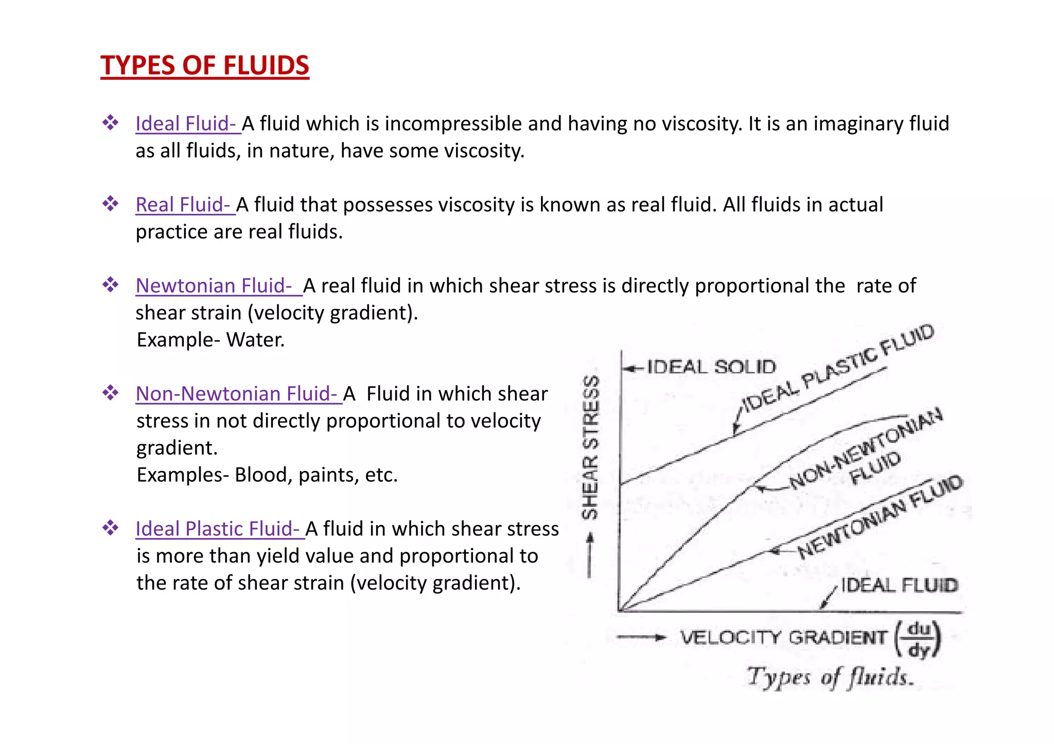 TYPES OF FLUIDS
 Ideal Fluid- A fluid which is incompressible and having no viscosity. It is an imaginary fluid
as all fluids, in nature, have some viscosity.
 Real Fluid- A fluid that possesses viscosity is known as real fluid. All fluids in actual
practice are real fluids.
 Newtonian Fluid- A real fluid in which shear stress is directly proportional the rate of
shear strain (velocity gradient).
Example- Water.
 Non-Newtonian Fluid- A Fluid in which shear
stress in not directly proportional to velocity
gradient.
Examples- Blood, paints, etc.
 Ideal Plastic Fluid- A fluid in which shear stress
is more than yield value and proportional to
the rate of shear strain (velocity gradient).
 