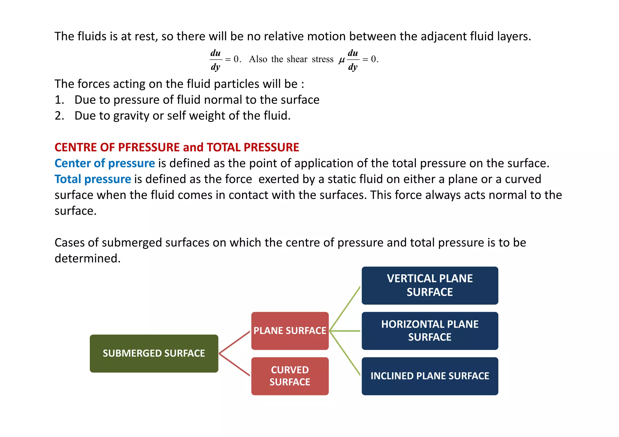 The fluids is at rest, so there will be no relative motion between the adjacent fluid layers.
The forces acting on the fluid particles will be :
1. Due to pressure of fluid normal to the surface
2. Due to gravity or self weight of the fluid.
CENTRE OF PFRESSURE and TOTAL PRESSURE
Center of pressure is defined as the point of application of the total pressure on the surface.
Total pressure is defined as the force exerted by a static fluid on either a plane or a curved
surface when the fluid comes in contact with the surfaces. This force always acts normal to the
surface.
.
0
stress
shear
the
Also
.
0 =
=
dy
du
dy
du
µ
µ
µ
µ
Cases of submerged surfaces on which the centre of pressure and total pressure is to be
determined.
SUBMERGED SURFACE
PLANE SURFACE
VERTICAL PLANE
SURFACE
HORIZONTAL PLANE
SURFACE
INCLINED PLANE SURFACE
CURVED
SURFACE
 