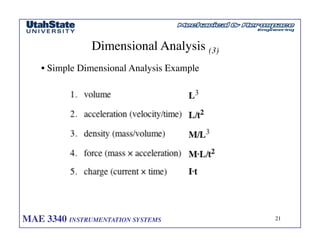 MAE 3340 INSTRUMENTATION SYSTEMS	

 21
	

Dimensional Analysis (3)	

• Simple Dimensional Analysis Example	

 