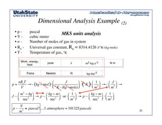 MAE 3340 INSTRUMENTATION SYSTEMS	

 26
	

Dimensional Analysis Example (2)	

• p - 	

pascal	

• V - 	

cubic meter	

• n - 	

Number of moles of gas in system	

• Ru - 	

Universal gas constant, Ru = 8314.4126 J/°K-(kg-mole)	

• T - 	

Temperature of gas, °K	

MKS units analysis	

 