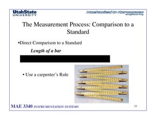 MAE 3340 INSTRUMENTATION SYSTEMS	

 33
	

The Measurement Process: Comparison to a
Standard	

•Direct Comparison to a Standard	

Length of a bar	

• Use a carpenter’s Rule	

 