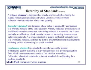 MAE 3340 INSTRUMENTATION SYSTEMS	

 39
	

Hierarchy of Standards (cont’d)	

A primary standard is designated or widely acknowledged as having the
highest metrological qualities and whose value is accepted without
reference to other standards of the same quantity.
Secondary standards are standards whose value is assigned by comparison
to a primary standard of the same quantity. Primary standards are usually used
to calibrate secondary standards. A working standard is a standard that is used
routinely to calibrate or check material measures, measuring instruments or
reference materials. A working standard is usually calibrated with reference
to a secondary standard, and may be used to ensure that routine measurements
are being carried out correctly - a check standard.
A reference standard is a standard generally having the highest
metrological quality available at a given location or in a given organization
from which the measurements made at that location are derived.
Calibration laboratories maintain reference standards for calibrating their
working standards.
 