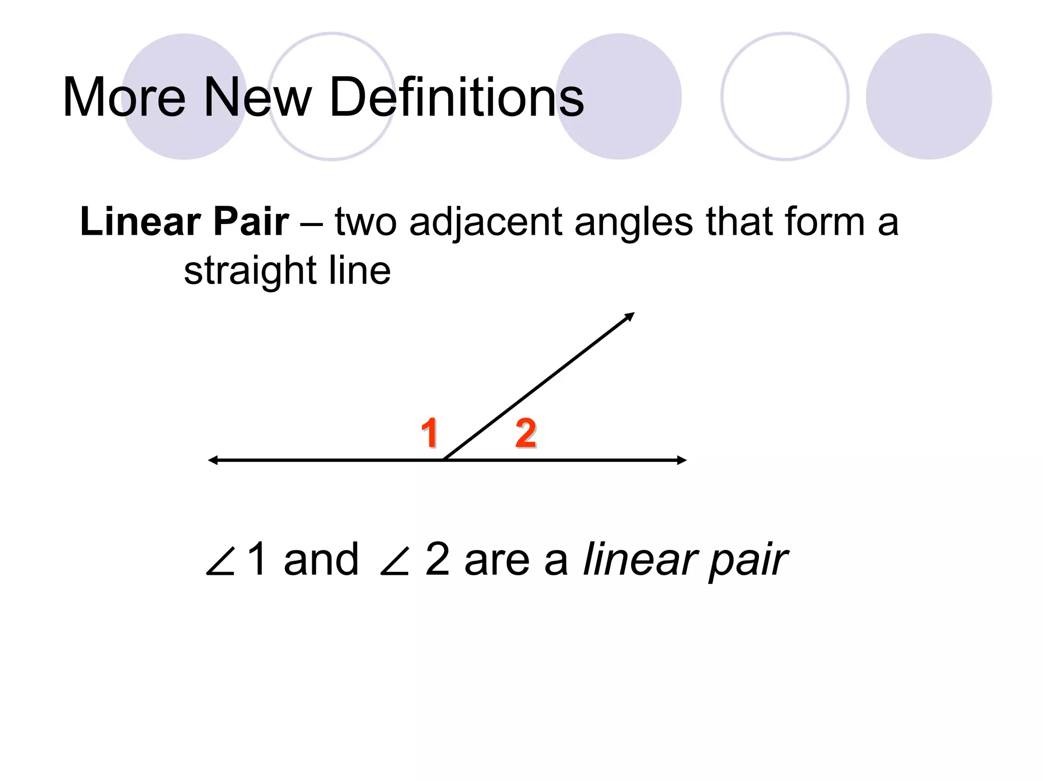 More New Definitions

Linear Pair – two adjacent angles that form a
     straight line



                  1    2


         1 and    2 are a linear pair
 