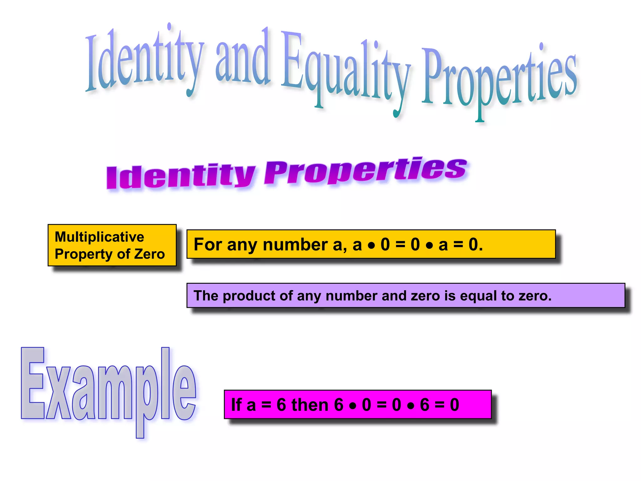 Multiplicative Inverse PropertyIdentity and Equality PropertiesIdentity PropertiesAdditive Identity PropertyFor any number a, a + 0 = 0 + a = a.The sum of any number and zero is equal to that number.The number zero is called the additive identity.ExampleIf a = 5 then 5 + 0 = 0 + 5 = 5