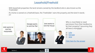 Leasehold/Freehold
With leasehold properties the land remains owned by the landlord who is also known as the
‘Freeholder‘
If a home is owned on a freehold basis, the ‘Freeholder’ owns the property and the land it stands
on
Click Back Section 1 Click Next
Julie wants to
rent her
maisonette.
Georgia wants
to rent her flat
Jane wants to
rent her house
Who is most likely to need
permission from their landlord to
let their property? (assuming they
all have a mortgage)
a) Julie
b) Georgia
c) Jane
Click here for the answer
Home
 