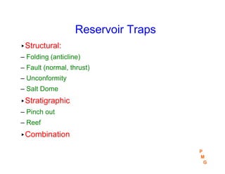 Reservoir Traps
▸Structural:
– Folding (anticline)
– Fault (normal, thrust)
– Unconformity
– Salt Dome
▸Stratigraphic
– Pinch out
– Reef
▸Combination
P
M
G
 