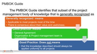 PMBOK Guide
The PMBOK Guide identifies that subset of the project
management body of knowledge that is generally recognized as
good practice.Generally recognized: means
• Applicable to most projects most of the time
• There is consensus about their value and usefulness.
Good practice: means
• General Agreement
Organization & Project management team is
responsible
Good Practice: Does not means
• that the knowledge described should always be
applied uniformly to all projects
 