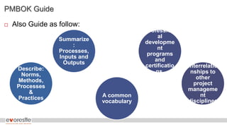 PMBOK Guide
 Also Guide as follow:
Describe:
Norms,
Methods,
Processes
&
Practices
Summarize
:
Processes,
Inputs and
Outputs
A common
vocabulary
Profession
al
developme
nt
programs
and
certificatio
ns.
Interrelatio
nships to
other
project
manageme
nt
disciplines
 