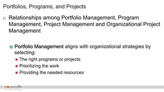 Portfolios, Programs, and Projects
 Relationships among Portfolio Management, Program
Management, Project Management and Organizational Project
Management
 Portfolio Management aligns with organizational strategies by
selecting:
 The right programs or projects
 Prioritizing the work
 Providing the needed resources
 