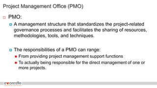 Project Management Office (PMO)
 PMO:
 A management structure that standardizes the project-related
governance processes and facilitates the sharing of resources,
methodologies, tools, and techniques.
 The responsibilities of a PMO can range:
 From providing project management support functions
 To actually being responsible for the direct management of one or
more projects.
 