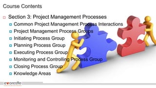 Course Contents
 Section 3: Project Management Processes
 Common Project Management Process Interactions
 Project Management Process Groups
 Initiating Process Group
 Planning Process Group
 Executing Process Group
 Monitoring and Controlling Process Group
 Closing Process Group
 Knowledge Areas
 