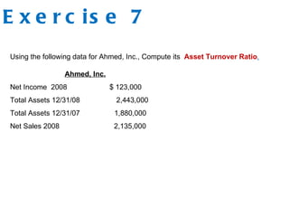 Exercise 7 Using the following data for Ahmed, Inc., Compute its  Asset Turnover Ratio . Ahmed, Inc. Net Income  2008  $ 123,000 Total Assets 12/31/08  2,443,000 Total Assets 12/31/07  1,880,000 Net Sales 2008  2,135,000 