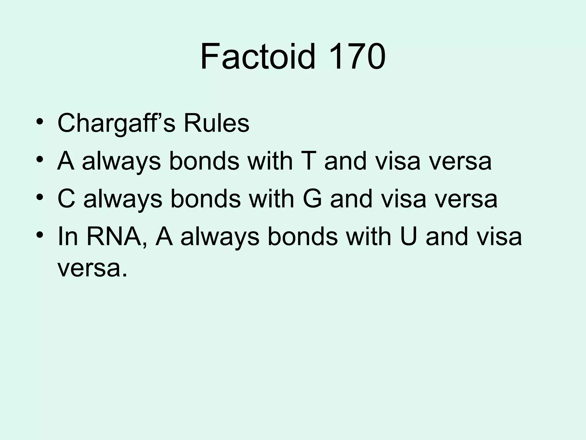 Factoid 170 Chargaff’s Rules A always bonds with T and visa versa  C always bonds with G and visa versa In RNA, A always bonds with U and visa versa. 