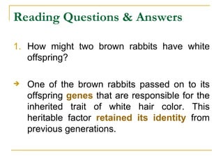 Reading Questions & Answers How might two brown rabbits have white offspring?  One of the brown rabbits passed on to its offspring  genes  that are responsible for the inherited trait of white hair color. This heritable factor  retained its identity  from previous generations.  