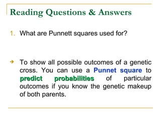 Reading Questions & Answers What are Punnett squares used for? To show all possible outcomes of a genetic cross. You can use a  Punnet square  to  predict probabilities  of particular outcomes if you know the genetic makeup of both parents.  