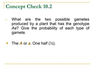 Concept Check 10.2 What are the two possible gametes produced by a plant that has the genotype  Aa ? Give the probability of each type of gamete. The  A  or  a . One half ( ½). 