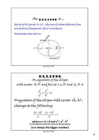 An Ellipse is...
the set of all points (x, y)...the sum of whose distances from
two distinct fixed points (foci) is constant.

Eccentricity is the ratio c/a




                                 Apr 15­2:13 PM




                       Ellipse
                   An equation of the ellipse
  with center (0, 0) and foci at (-c, 0) and (c, 0) is




A equation of the ellipse with center (h, k),
changes to the following:



                   where a > b > 0 and c2 = a2 ‐ b2
                C is the distance from the center to the foci points.
                  (a is always the bigger number)
                                 Apr 15­2:13 PM

                                                                        2
 