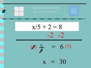 Algebraic Equations Division with Addition x/5 + 2 = 8 -2 -2 = 6 x = 30 x 5 (5) (5) 