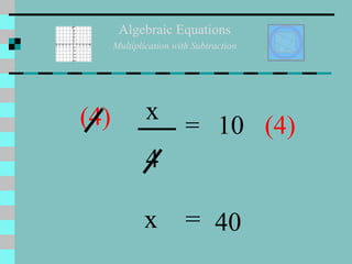 Algebraic Equations Multiplication with Subtraction x 4 = 10 (4) (4) x = 40 