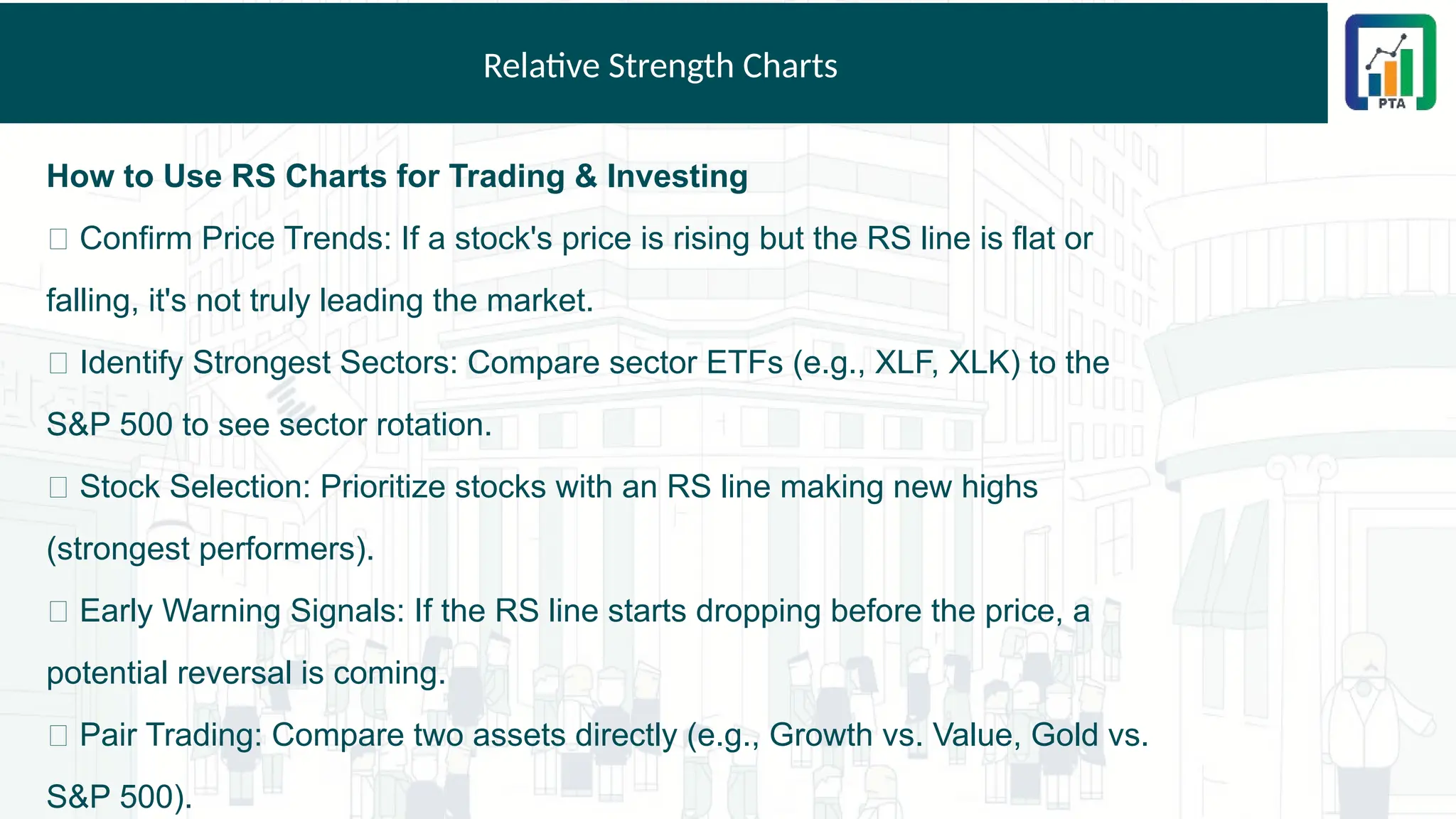 Relative Strength Charts
How to Use RS Charts for Trading & Investing
✅ Confirm Price Trends: If a stock's price is rising but the RS line is flat or
falling, it's not truly leading the market.
✅ Identify Strongest Sectors: Compare sector ETFs (e.g., XLF, XLK) to the
S&P 500 to see sector rotation.
✅ Stock Selection: Prioritize stocks with an RS line making new highs
(strongest performers).
✅ Early Warning Signals: If the RS line starts dropping before the price, a
potential reversal is coming.
✅ Pair Trading: Compare two assets directly (e.g., Growth vs. Value, Gold vs.
S&P 500).
 