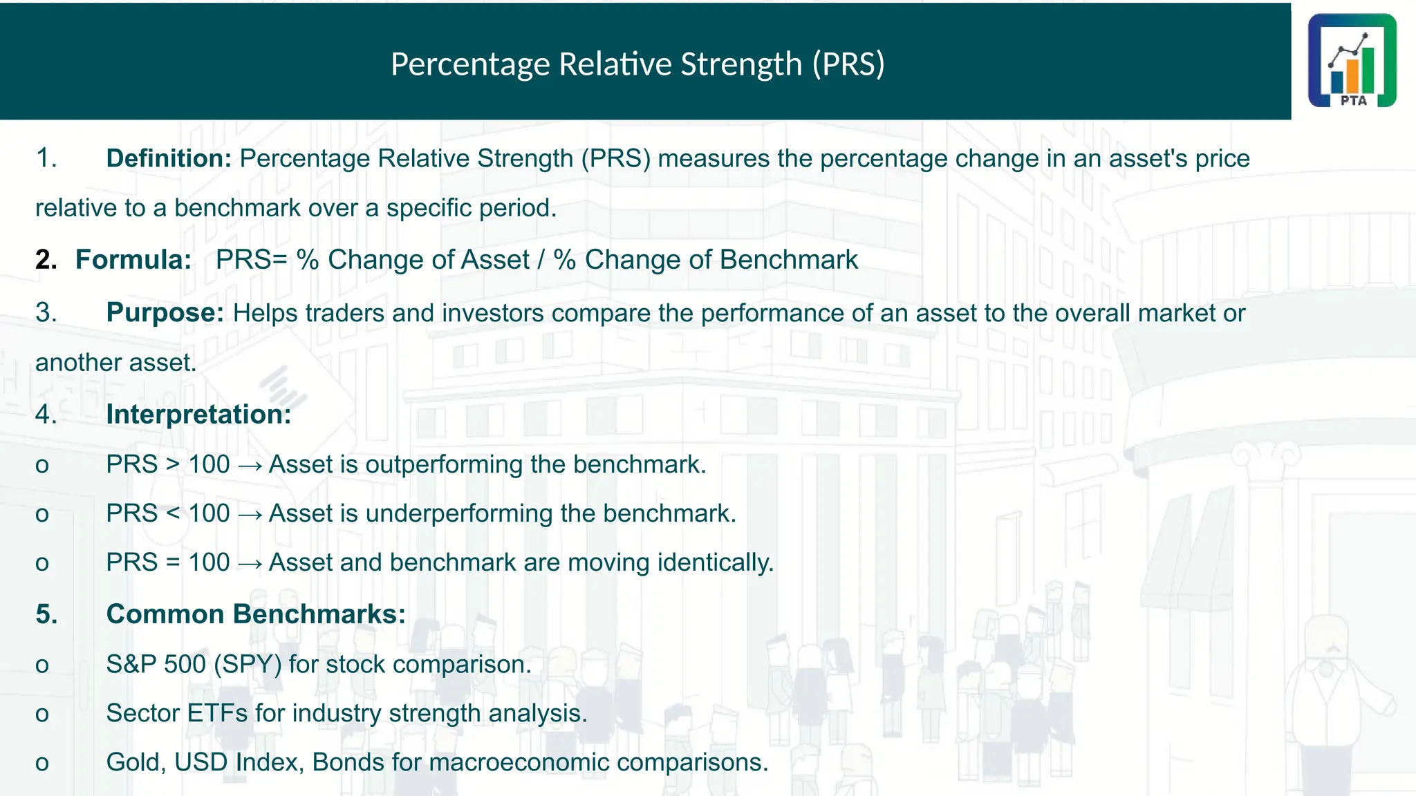 Percentage Relative Strength (PRS)
1. Definition: Percentage Relative Strength (PRS) measures the percentage change in an asset's price
relative to a benchmark over a specific period.
2. Formula: PRS= % Change of Asset / % Change of Benchmark
3. Purpose: Helps traders and investors compare the performance of an asset to the overall market or
another asset.
4. Interpretation:
o PRS > 100 → Asset is outperforming the benchmark.
o PRS < 100 → Asset is underperforming the benchmark.
o PRS = 100 → Asset and benchmark are moving identically.
5. Common Benchmarks:
o S&P 500 (SPY) for stock comparison.
o Sector ETFs for industry strength analysis.
o Gold, USD Index, Bonds for macroeconomic comparisons.
 
