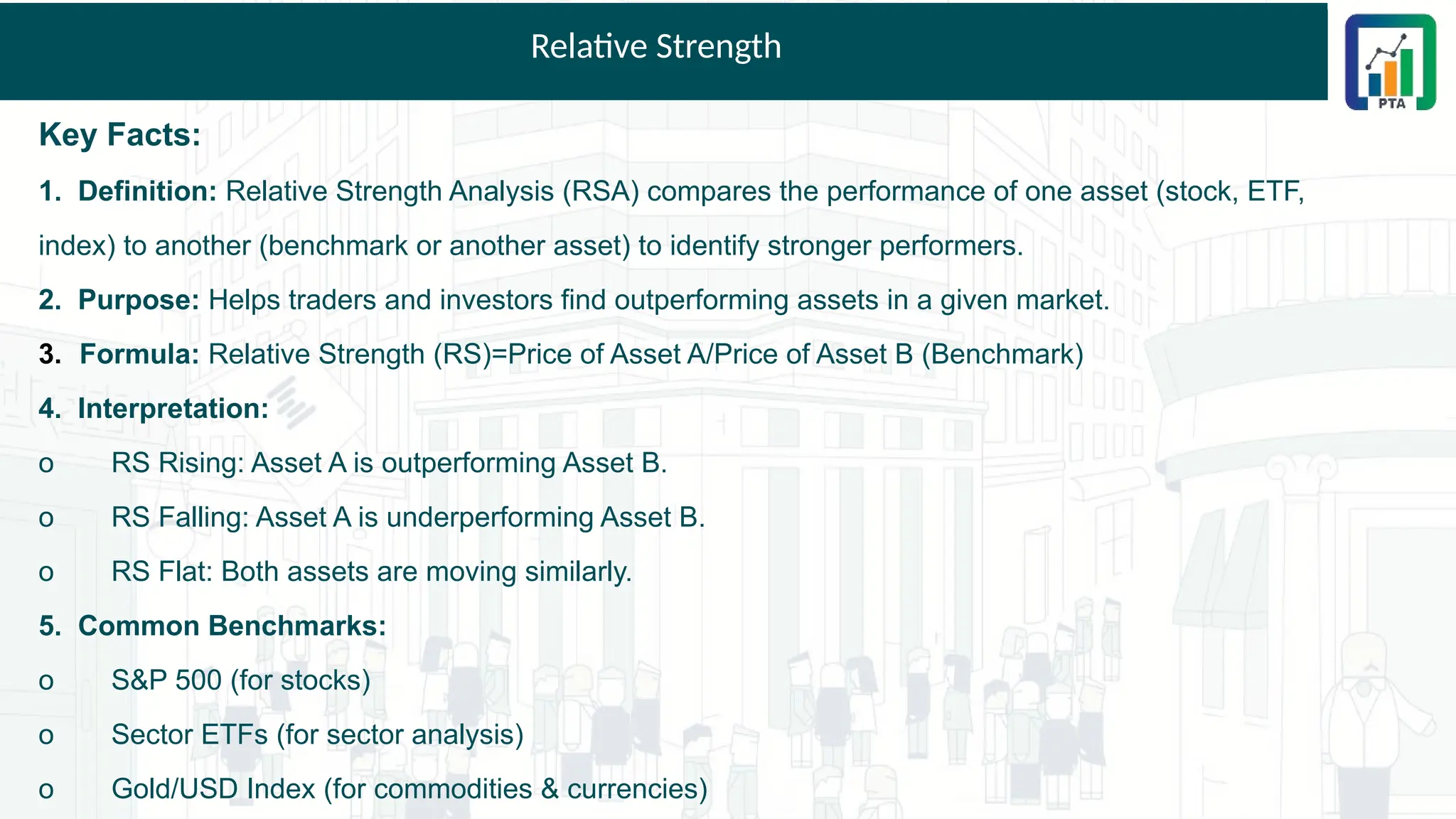 Relative Strength
Key Facts:
1. Definition: Relative Strength Analysis (RSA) compares the performance of one asset (stock, ETF,
index) to another (benchmark or another asset) to identify stronger performers.
2. Purpose: Helps traders and investors find outperforming assets in a given market.
3. Formula: Relative Strength (RS)=Price of Asset A/Price of Asset B (Benchmark)
4. Interpretation:
o RS Rising: Asset A is outperforming Asset B.
o RS Falling: Asset A is underperforming Asset B.
o RS Flat: Both assets are moving similarly.
5. Common Benchmarks:
o S&P 500 (for stocks)
o Sector ETFs (for sector analysis)
o Gold/USD Index (for commodities & currencies)
 