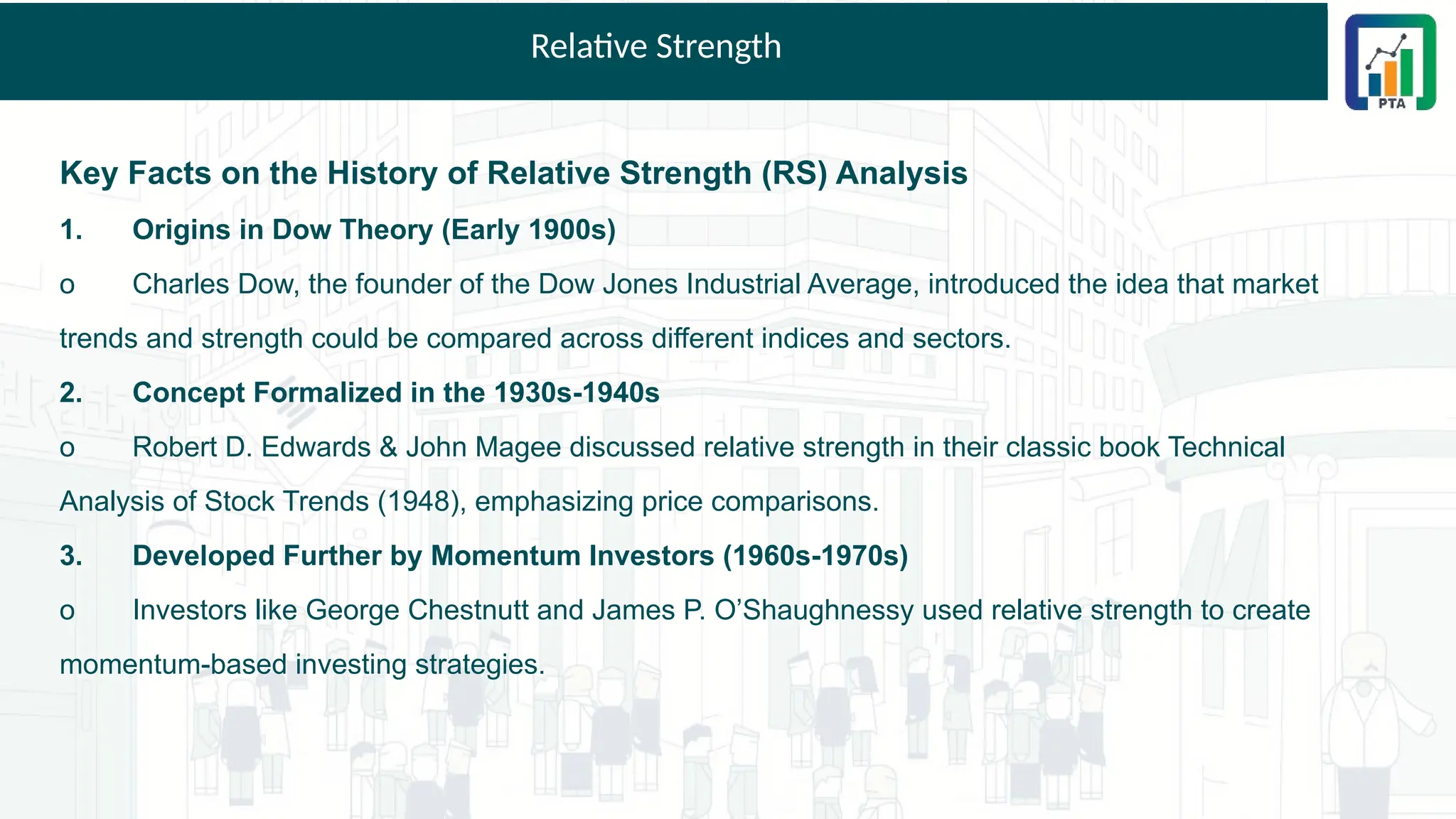 Relative Strength
Key Facts on the History of Relative Strength (RS) Analysis
1. Origins in Dow Theory (Early 1900s)
o Charles Dow, the founder of the Dow Jones Industrial Average, introduced the idea that market
trends and strength could be compared across different indices and sectors.
2. Concept Formalized in the 1930s-1940s
o Robert D. Edwards & John Magee discussed relative strength in their classic book Technical
Analysis of Stock Trends (1948), emphasizing price comparisons.
3. Developed Further by Momentum Investors (1960s-1970s)
o Investors like George Chestnutt and James P. O’Shaughnessy used relative strength to create
momentum-based investing strategies.
 