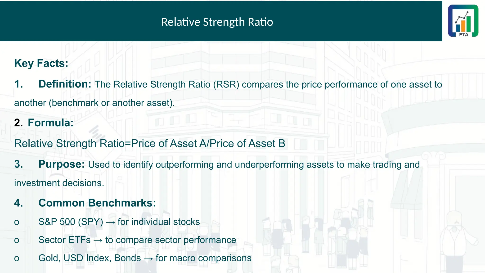 Relative Strength Ratio
Key Facts:
1. Definition: The Relative Strength Ratio (RSR) compares the price performance of one asset to
another (benchmark or another asset).
2. Formula:
Relative Strength Ratio=Price of Asset A/Price of Asset B
3. Purpose: Used to identify outperforming and underperforming assets to make trading and
investment decisions.
4. Common Benchmarks:
o S&P 500 (SPY) → for individual stocks
o Sector ETFs → to compare sector performance
o Gold, USD Index, Bonds → for macro comparisons
 