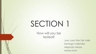 SECTION 1
How will you be
tested?
Juan José Vilar Del Valle
Santiago Callander
Alejandro Mirazo
Matias Kohn
 