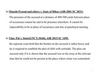 In Munshi Prasad and others v. State of Bihar (AIR 2001 SC 3031),
The presence of the accused at a distance of 400-500 yards between place
of occurrence cannot be said to be presence elsewhere. It cannot be
impossibility to be at place of occurrence and also at panchayat meeting.
In Vijay Pal v. State(GNCT) Delhi, AIR 2015 SC 1495,
the supreme court held that the burden on the accused is rather heavy and
he is required to establish the plea of alibi with certitude. The plea can
succeed only if it is shown that the accused was so far away at the relevant
time that he could not be present at the place where crime was committed.
7
 
