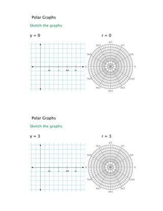 Polar Graphs

Sketch the graphs:

y=0                  r=0




Polar Graphs

Sketch the graphs:

y=3                  r=3
 