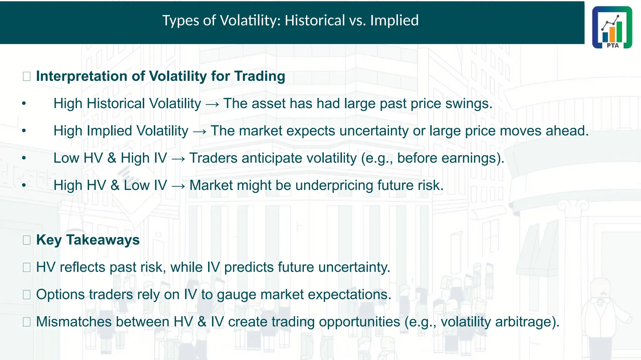 Types of Volatility: Historical vs. Implied
📌 Interpretation of Volatility for Trading
• High Historical Volatility → The asset has had large past price swings.
• High Implied Volatility → The market expects uncertainty or large price moves ahead.
• Low HV & High IV → Traders anticipate volatility (e.g., before earnings).
• High HV & Low IV → Market might be underpricing future risk.
💡 Key Takeaways
✅ HV reflects past risk, while IV predicts future uncertainty.
✅ Options traders rely on IV to gauge market expectations.
✅ Mismatches between HV & IV create trading opportunities (e.g., volatility arbitrage).
 