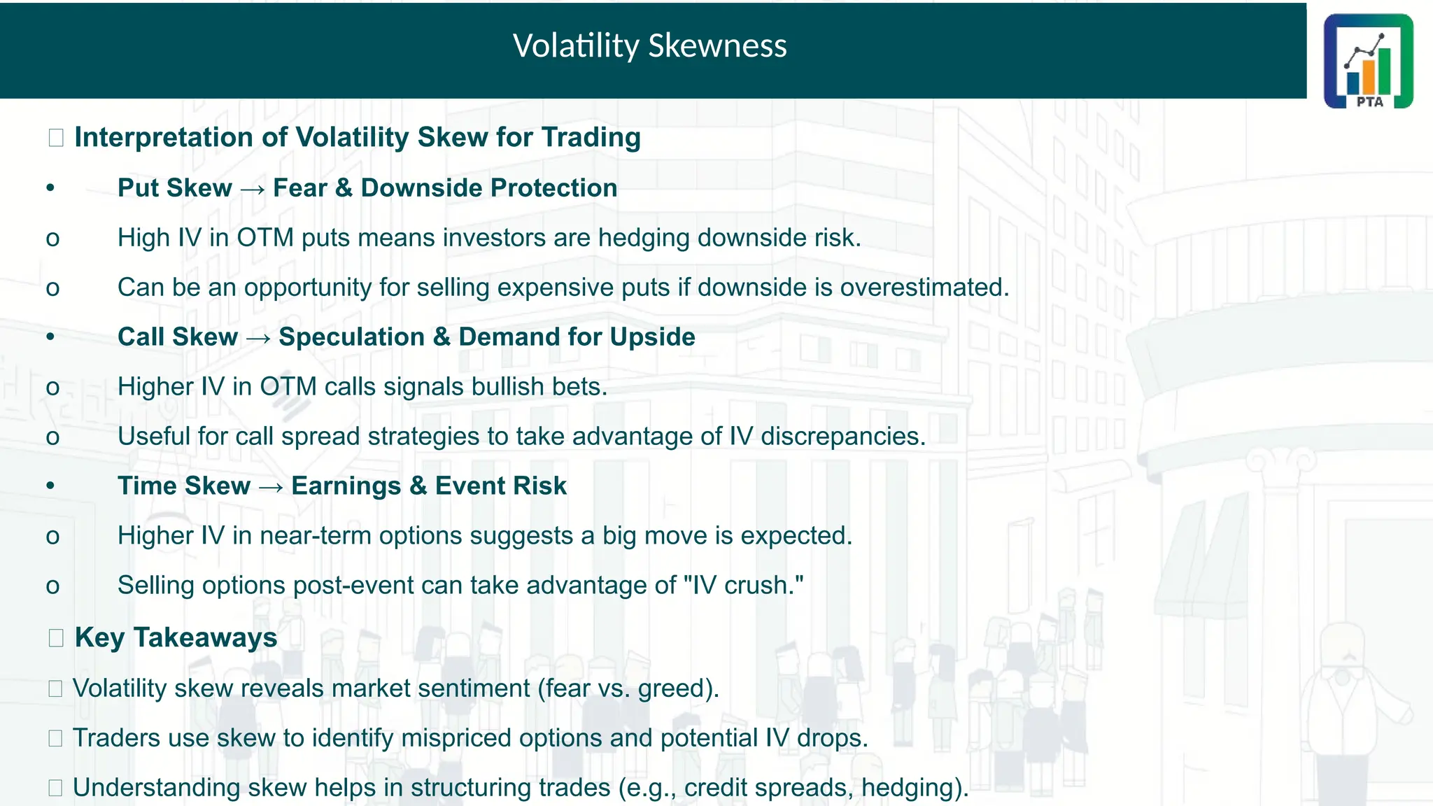 Volatility Skewness
📌 Interpretation of Volatility Skew for Trading
• Put Skew → Fear & Downside Protection
o High IV in OTM puts means investors are hedging downside risk.
o Can be an opportunity for selling expensive puts if downside is overestimated.
• Call Skew → Speculation & Demand for Upside
o Higher IV in OTM calls signals bullish bets.
o Useful for call spread strategies to take advantage of IV discrepancies.
• Time Skew → Earnings & Event Risk
o Higher IV in near-term options suggests a big move is expected.
o Selling options post-event can take advantage of "IV crush."
💡 Key Takeaways
✅ Volatility skew reveals market sentiment (fear vs. greed).
✅ Traders use skew to identify mispriced options and potential IV drops.
✅ Understanding skew helps in structuring trades (e.g., credit spreads, hedging).
 