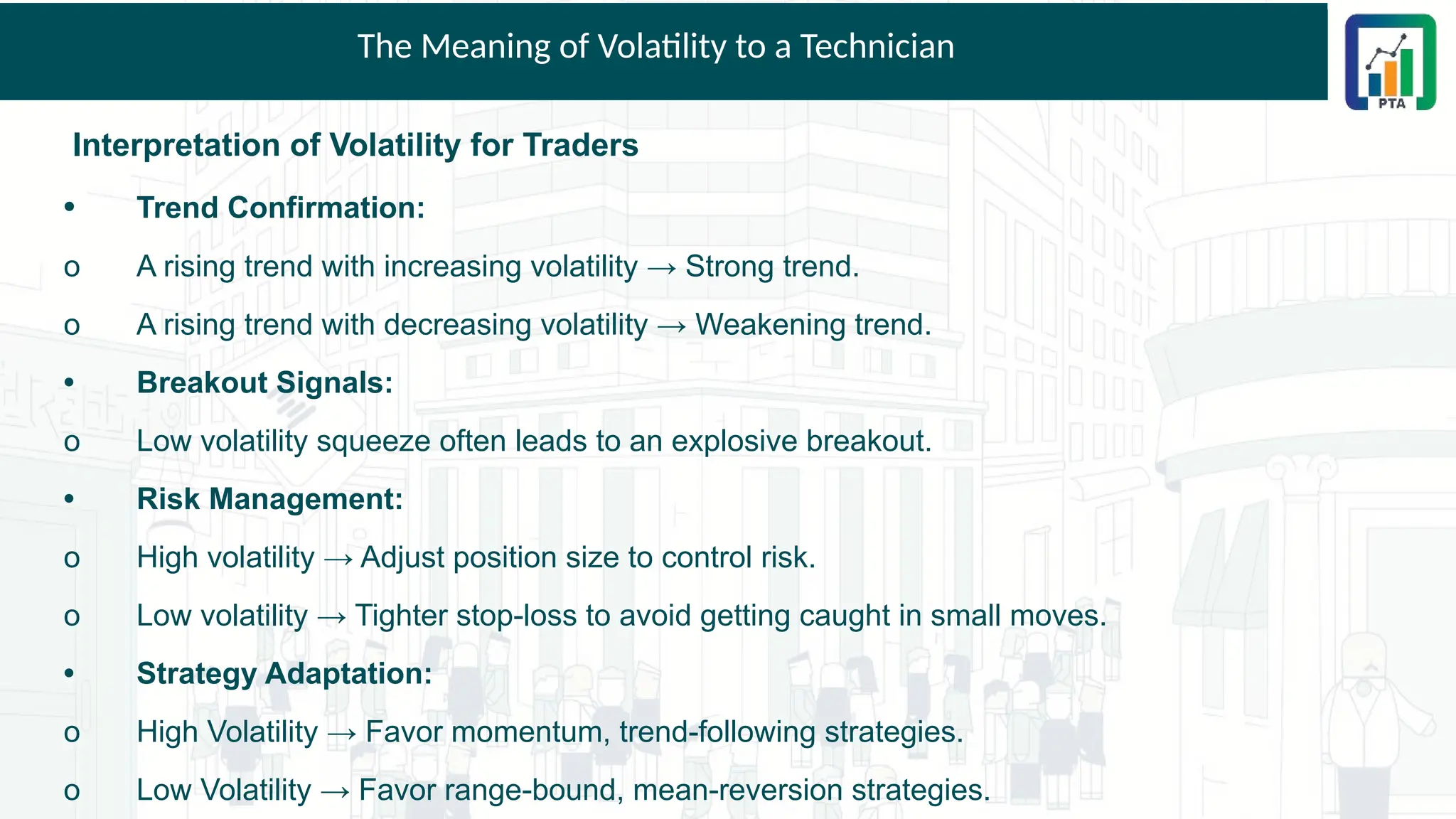 The Meaning of Volatility to a Technician
Interpretation of Volatility for Traders
• Trend Confirmation:
o A rising trend with increasing volatility → Strong trend.
o A rising trend with decreasing volatility → Weakening trend.
• Breakout Signals:
o Low volatility squeeze often leads to an explosive breakout.
• Risk Management:
o High volatility → Adjust position size to control risk.
o Low volatility → Tighter stop-loss to avoid getting caught in small moves.
• Strategy Adaptation:
o High Volatility → Favor momentum, trend-following strategies.
o Low Volatility → Favor range-bound, mean-reversion strategies.
 